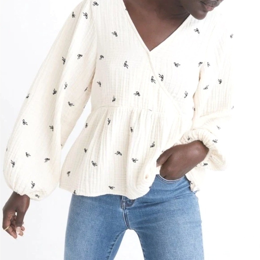 Madewell Embroidered Bow Muslin Gauze Peplum Top Cream Balloon Sleeve NC826 XS